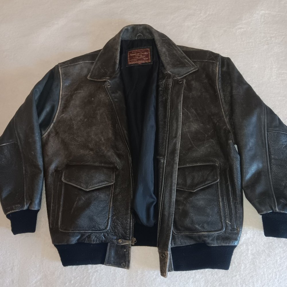 MEN'S DISTRESSED LEATHER BOMBER JACKET BROWN, RIBBED CUFFS, RIBBED WAIST SIZE XL